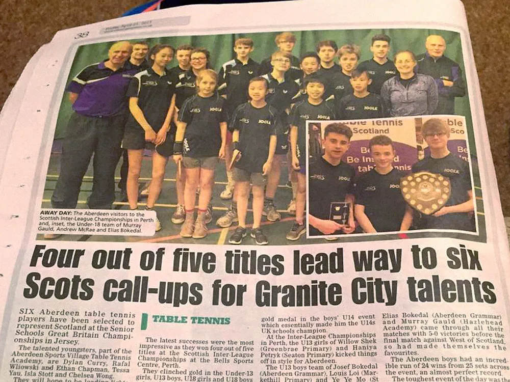 Table Tennis Academy, Excellent performance during Scottish Inter League lead to 6 spots on the National Team offered to Aberdeen youngsters