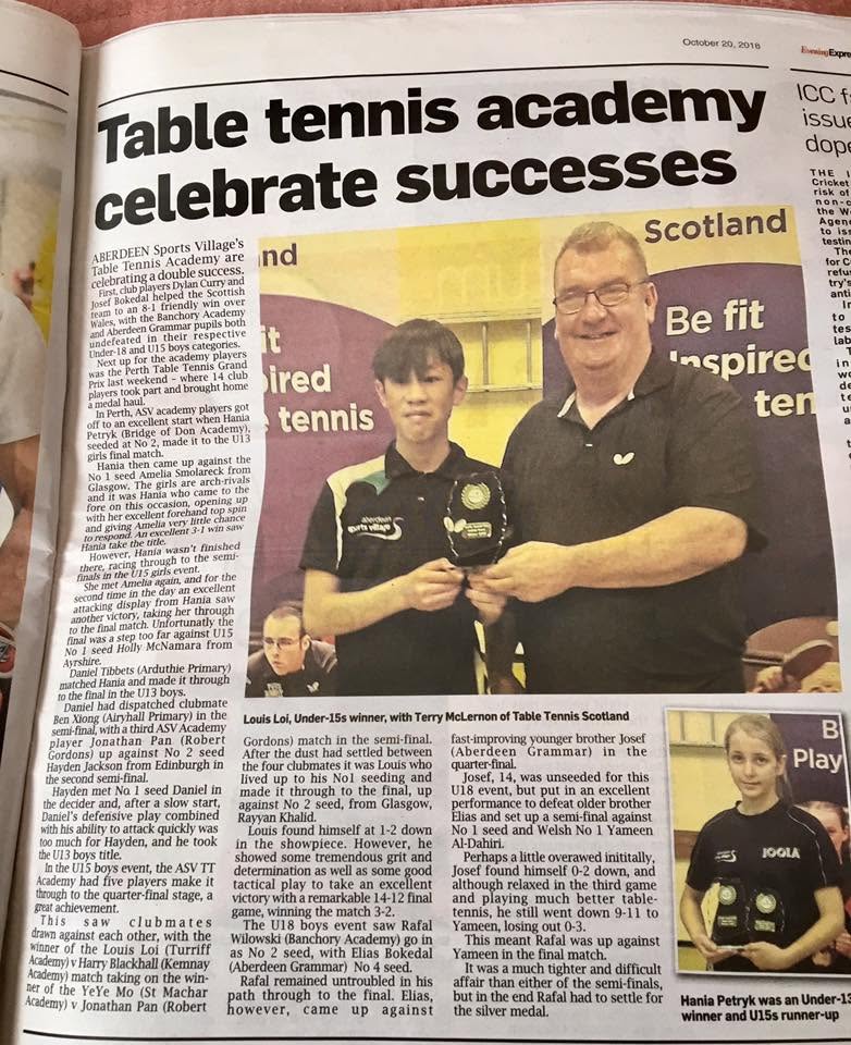 Table Tennis Academy, Academy success at Perth Grand Prix, Bell's Sports Centre, October 2018