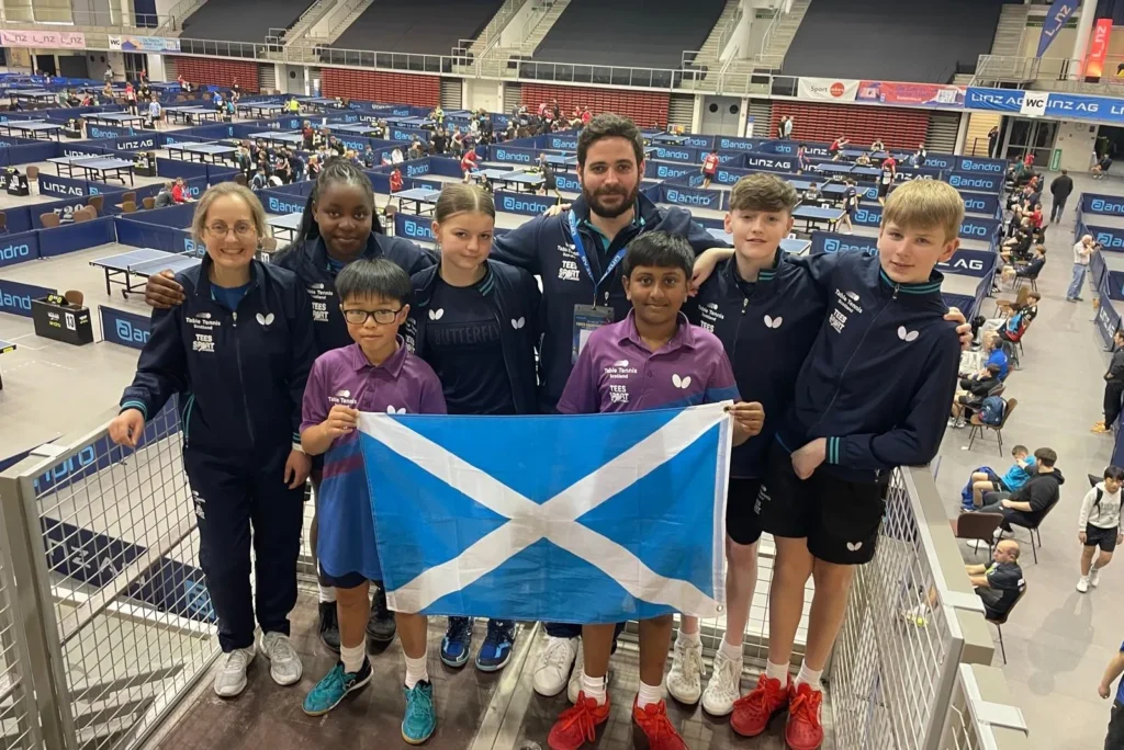 Table Tennis Academy, Kiishi Adekola, Dean Robertson, Inniyan Jayaraj and NPC Natalie Gallan at 2026 Linz AG Youth Championships in Austria