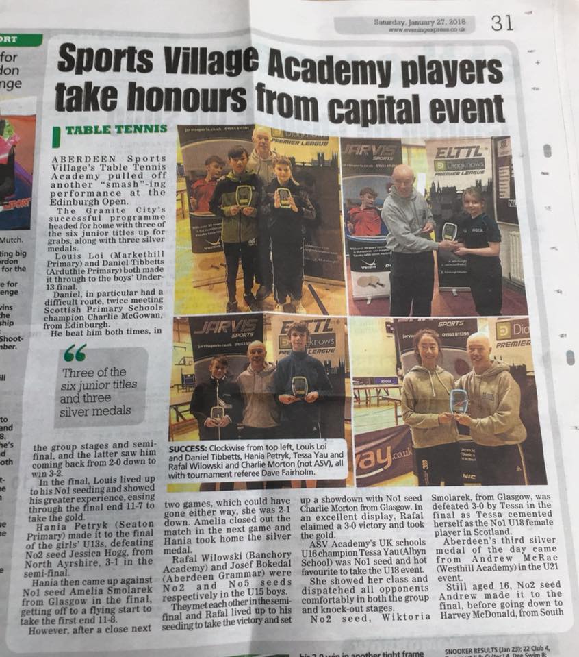 Table Tennis Academy, Article in Evening Express, reporting Aberdeen's success at Edinburgh Open: three golds and three silvers!