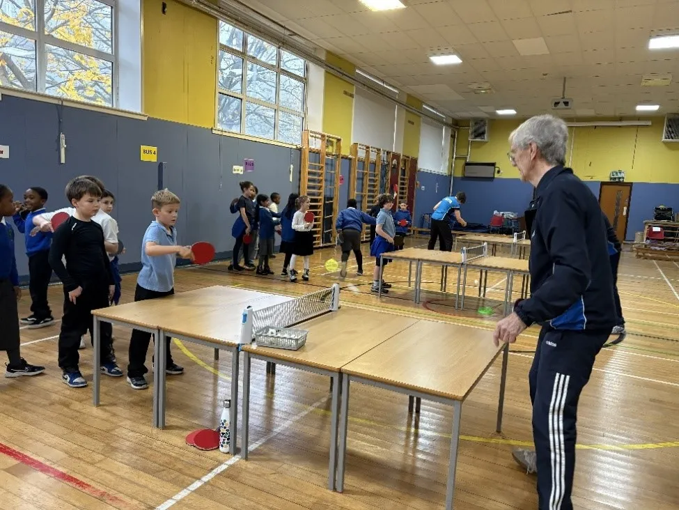 Table tennis in schools, Image 5, Coaches Catherine Inverarity and Dick Ferro delivering taster session to Ferryhill (@Walker Road) PS pupils