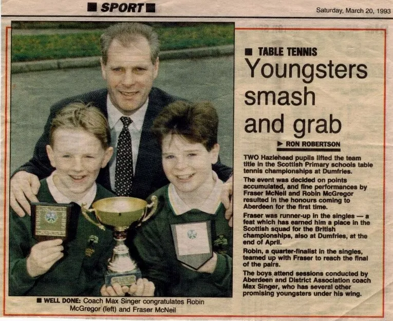 Table tennis in schools, Image 1, Coach Max Singer with Robin McGregor and Fraser McNeil, 1993